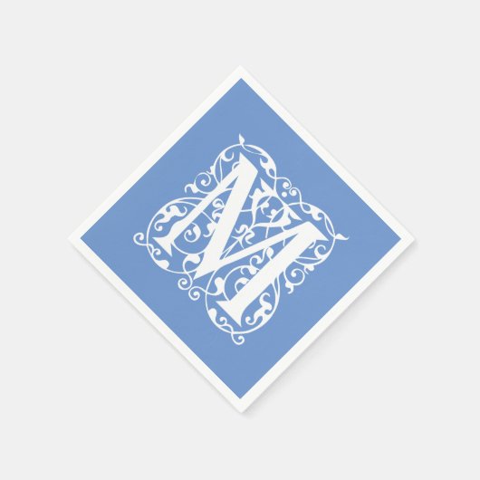 Eleganter Letter M Blau und Weiß Classic Monogramm Serviette (Ecke)