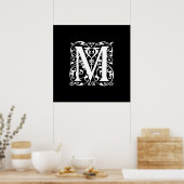 Eleganter Letter M White auf schwarzem Monogramm Poster (Küche)