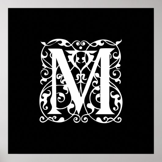 Eleganter Letter M White auf schwarzem Monogramm Poster (Vorne)
