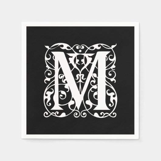 Eleganter Letter M White auf schwarzem Monogramm Serviette (Vorderseite)