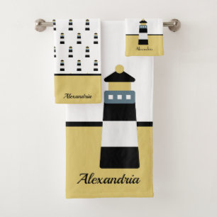 Eleganter Leuchtturm aus Nautical Gold und Black S Badhandtuch Set