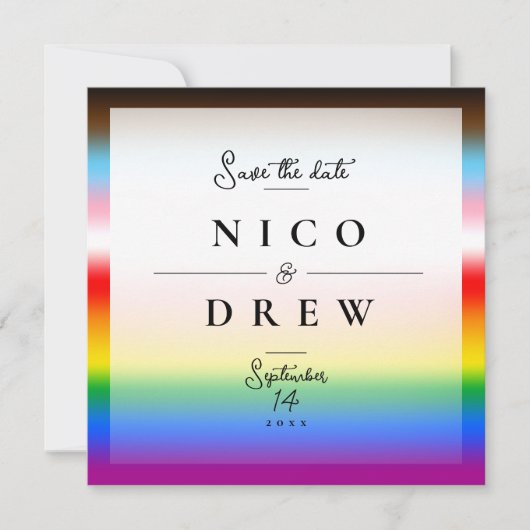 Eleganter LGBTQ+-Fortschrittsstolz auf Hochzeit Save The Date (Vorderseite)