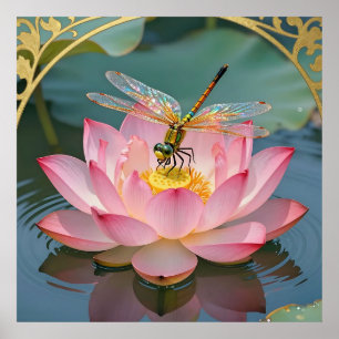 Eleganter Libellen-Rosa-Lotus-Jugendstil-Rahmen Poster