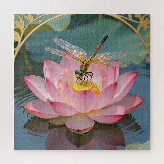 Eleganter Libellen-Rosa-Lotus-Jugendstil-Rahmen Puzzle (Vertikal)