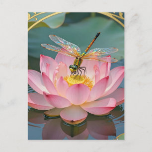 Eleganter Libellen-Rosa-Lotus-Jugendstilrahmen Postkarte