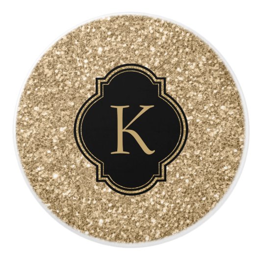 Eleganter Light Gold Glitzer Print Black Monogram Keramikknauf (Vorderseite)
