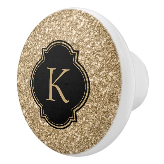Eleganter Light Gold Glitzer Print Black Monogram Keramikknauf (Rechts)