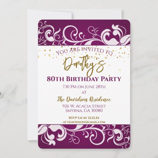 Eleganter Lila 80. Geburtstag Einladung (Vorderseite)