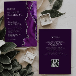 Eleganter Lila-Achat-Silber-Pflaume-QR-Code-Hochze Einladung
