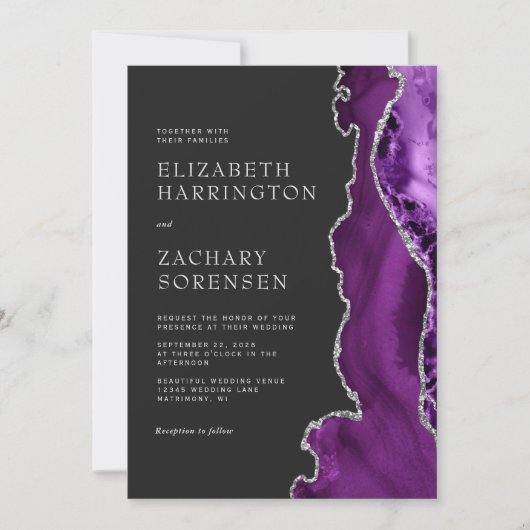 Eleganter Lila Agate Silver Dark QR Code Wedding Einladung (Vorderseite)