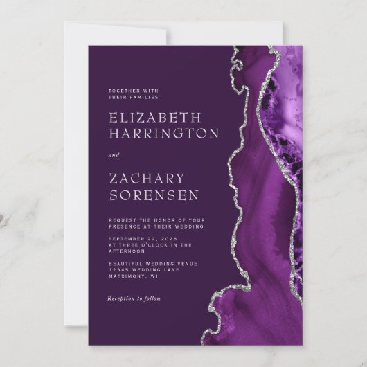 Eleganter Lila Agate Silver Pum QR Code Wedding Einladung (Vorderseite)