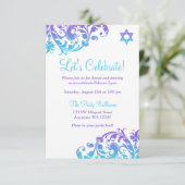 Eleganter Lila Aquamariner Blüh Bat Mitzvah Empfan Einladung (Stehend Vorderseite)