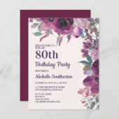 Eleganter Lila Aquarellblume 80. Geburtstag Einladung (Vorne/Hinten)