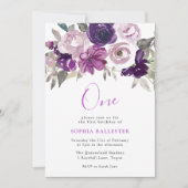 Eleganter Lila Aquarellblumen 1. Geburtstag Einladung (Vorderseite)