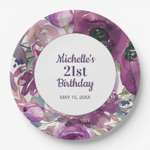 Eleganter Lila Aquarellblumen 21. Geburtstag Pappteller