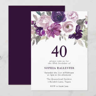 Eleganter Lila Aquarellblumen 40. Geburtstag Einladung
