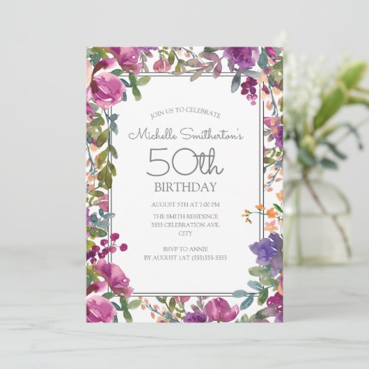 Eleganter Lila Aquarellblumen 50. Geburtstag Einladung (Stehend Vorderseite)