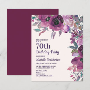 Eleganter Lila Aquarellblumen 70. Geburtstag Einladung