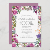 Eleganter Lila Aquarellfarben, 100. Geburtstag Einladung (Vorne/Hinten)
