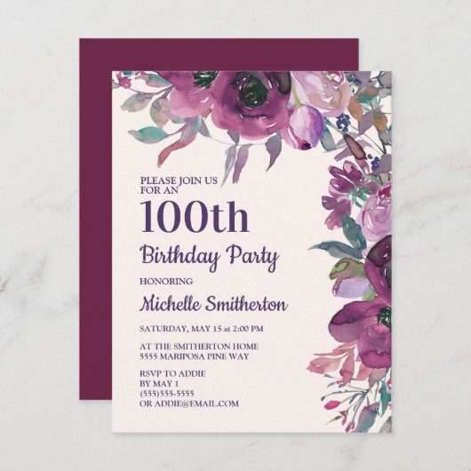 Eleganter Lila Aquarellfarben, 100. Geburtstag Einladung (Vorne/Hinten)