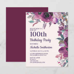 Eleganter Lila Aquarellfarben, 100. Geburtstag Einladung