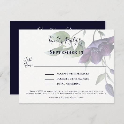 Eleganter Lila Blaue Creme-Empfang RSVP Karte (Vorne/Hinten)