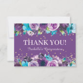 Eleganter Lila Blauer Blumenstrauß Quinceñera Gebu Dankeskarte (Vorderseite)