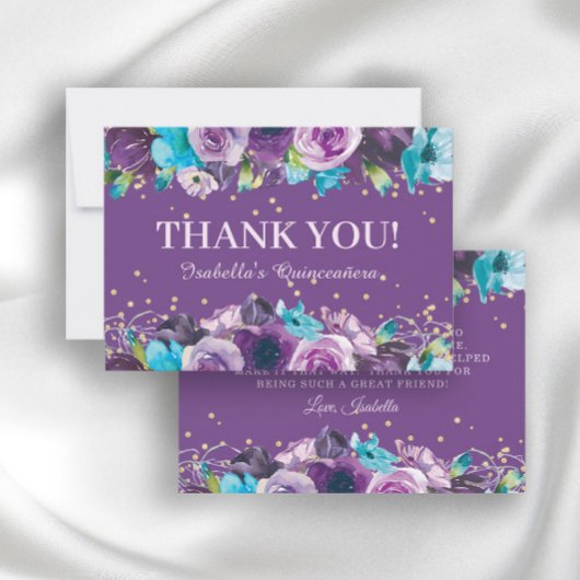 Eleganter Lila Blauer Blumenstrauß Quinceñera Gebu Dankeskarte