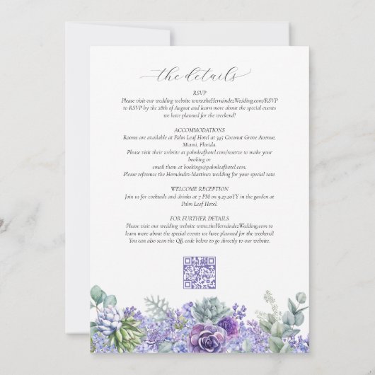 Eleganter Lila Blumen-All-in-One-Hochzeitsszenario Einladung (Rückseite)