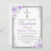 Eleganter Lila Blumen Silver Glitzer Girl Taufe Einladung (Vorderseite)