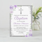 Eleganter Lila Blumen Silver Glitzer Girl Taufe Einladung (Stehend Vorderseite)