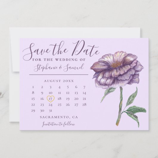 Eleganter Lila Blumenkalender Save The Date (Vorderseite)