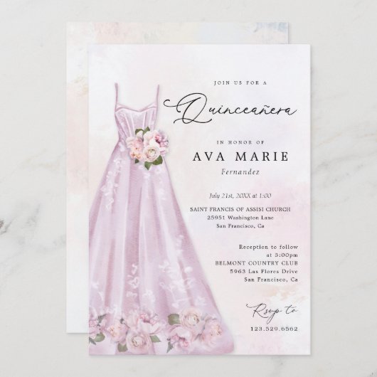 Eleganter Lila Blumenstrauß Quinceñera Geburtstag Einladung (Vorne/Hinten)