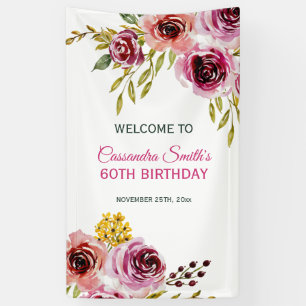 Eleganter Lila Burgund Rose Floral Geburtstag Banner