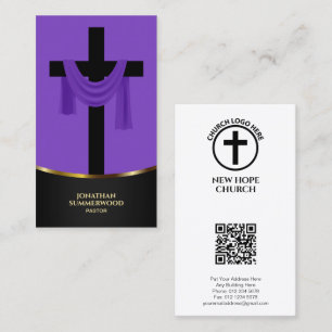 Eleganter Lila Christlicher Pastor Cross & QR Code Visitenkarte