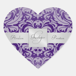 Eleganter Lila Damask Heart Wedding Sticker