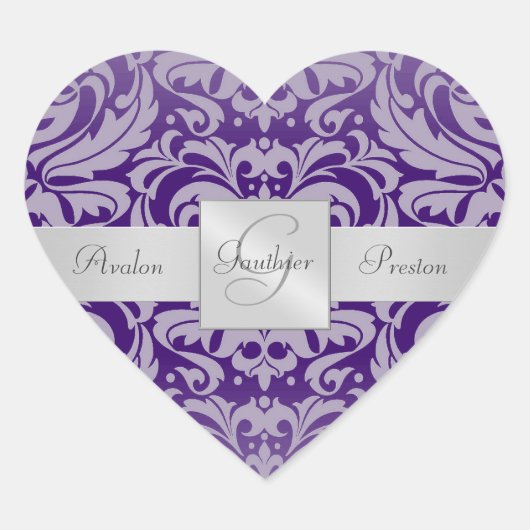 Eleganter Lila Damask Heart Wedding Sticker (Vorderseite)