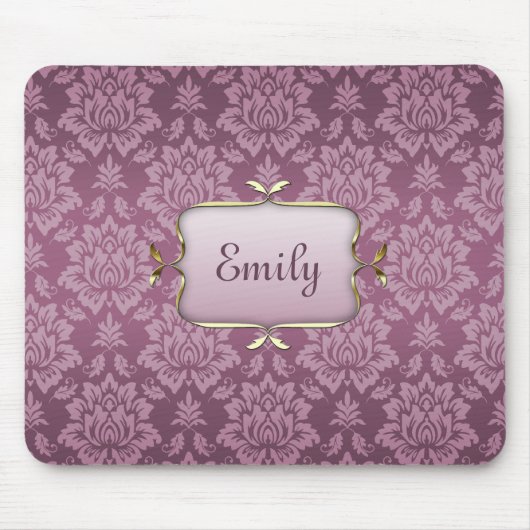 Eleganter Lila Damask mit Individuelle Name Mousepad (Vorne)