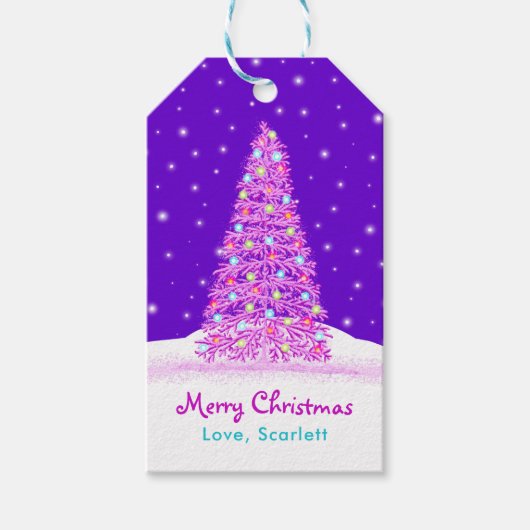 Eleganter, Lila dekorierter Weihnachtsbaum Geschenkanhänger (Vorderseite)