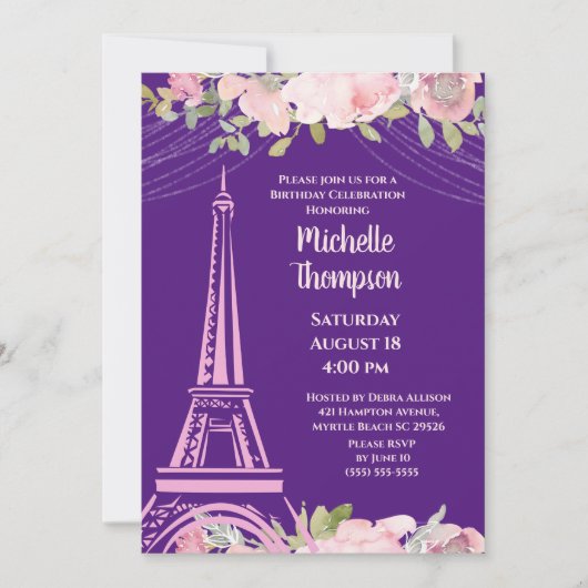 Eleganter Lila Eiffelturm Paris Geburtstag Einladung (Vorderseite)