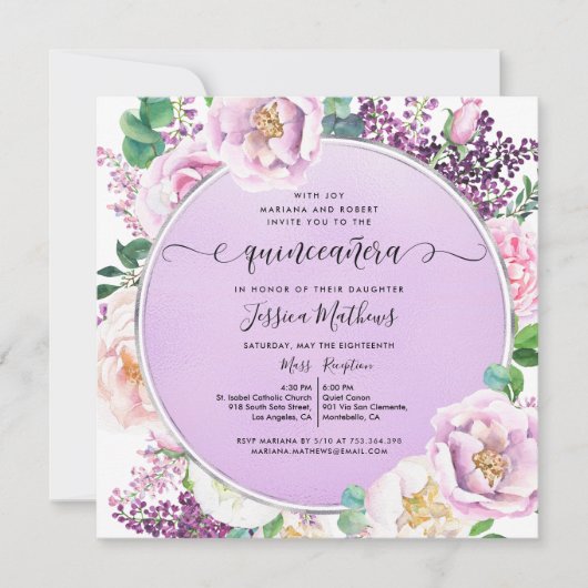 Eleganter Lila Foil, Blumenwasser Quinceñera Einladung (Vorderseite)