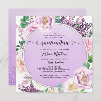 Eleganter Lila Foil, Blumenwasser Quinceñera Einladung