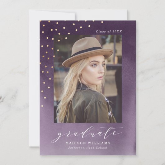 Eleganter Lila Foto Abschluss Ankündigung (Vorderseite)