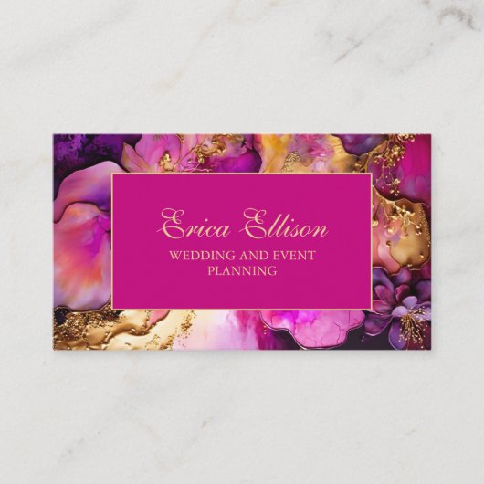 Eleganter Lila Fuchsia Gold Floral Wedding Planner Visitenkarte (Vorderseite)