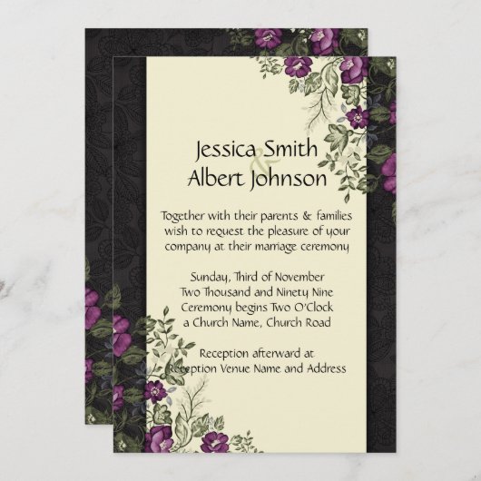 Eleganter Lila Garden Floral Ivory Damask Hochzeit Einladung (Vorne/Hinten)