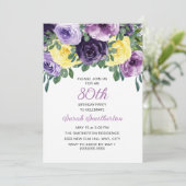 Eleganter Lila-gelber Blumenstrauß 80. Geburtstag Einladung (Stehend Vorderseite)
