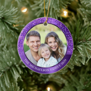 Eleganter lila glänzender Foto-Metall-Weihnachts- Keramik Ornament