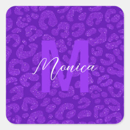 Eleganter lila Glitter-Monogramm-Schriftname Quadratischer Aufkleber