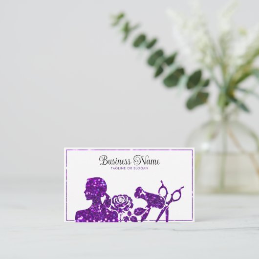 Eleganter Lila Glitzer Blumenfriseur Terminkarte (Stehend Vorderseite)