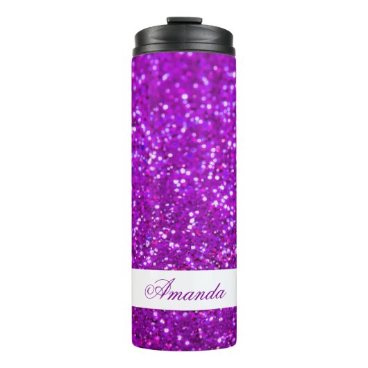 Eleganter Lila Glitzer Individuelle Name Thermosbecher (Vorderseite)